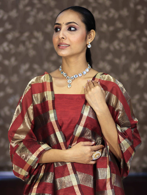 Banarasee Cotton Silk Stripe Pattern Salwar Kameez Fabric With Dupatta Set-Maroon