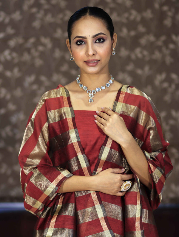 Banarasee Cotton Silk Stripe Pattern Salwar Kameez Fabric With Dupatta Set-Maroon