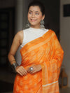 Banarasee Katan-Silk Block Print Saree With Gold Border-Orange
