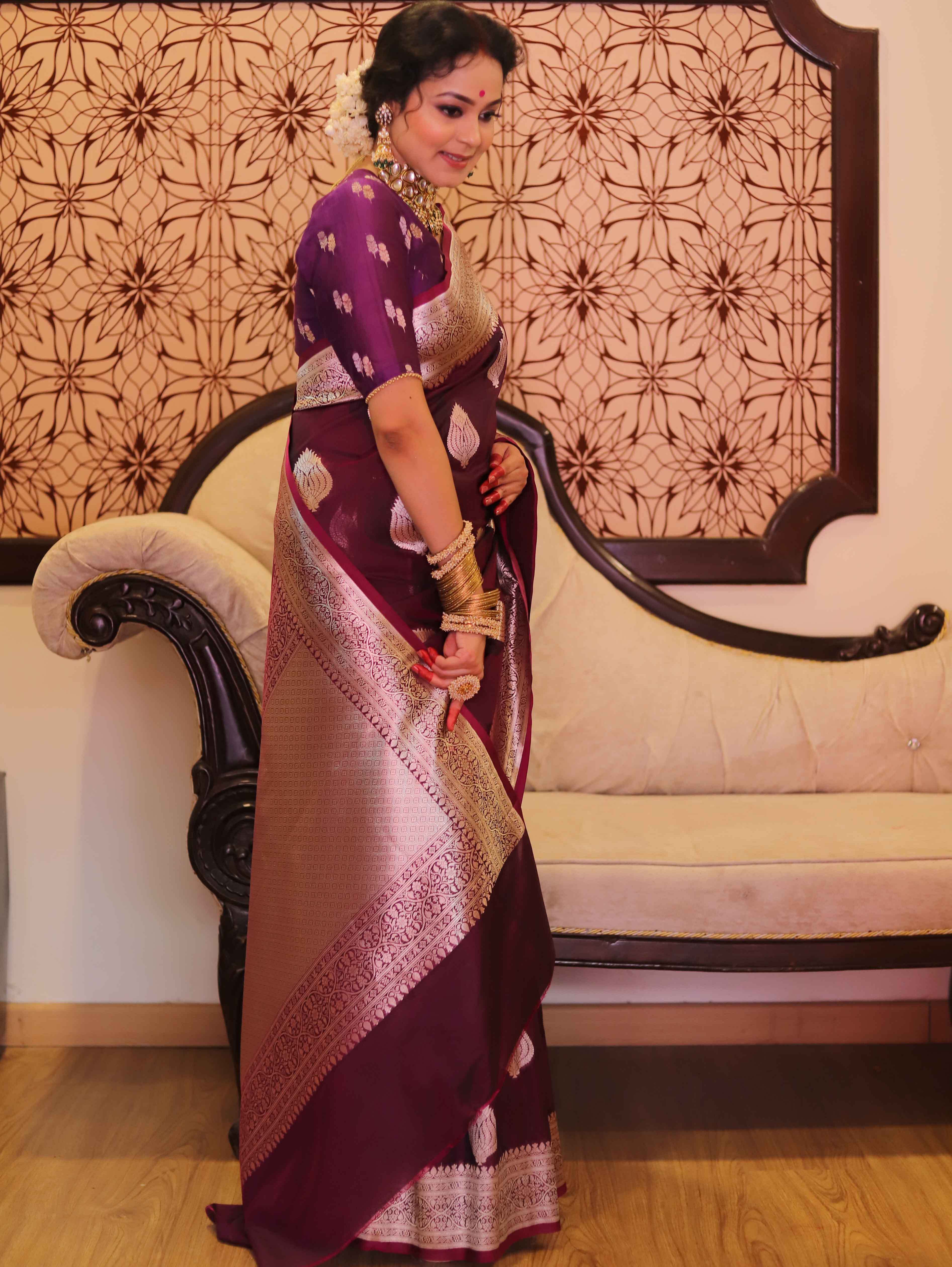 Banarasee Handwoven Semi-Katan Tanchoi Weaving Floral Border Saree-Wine