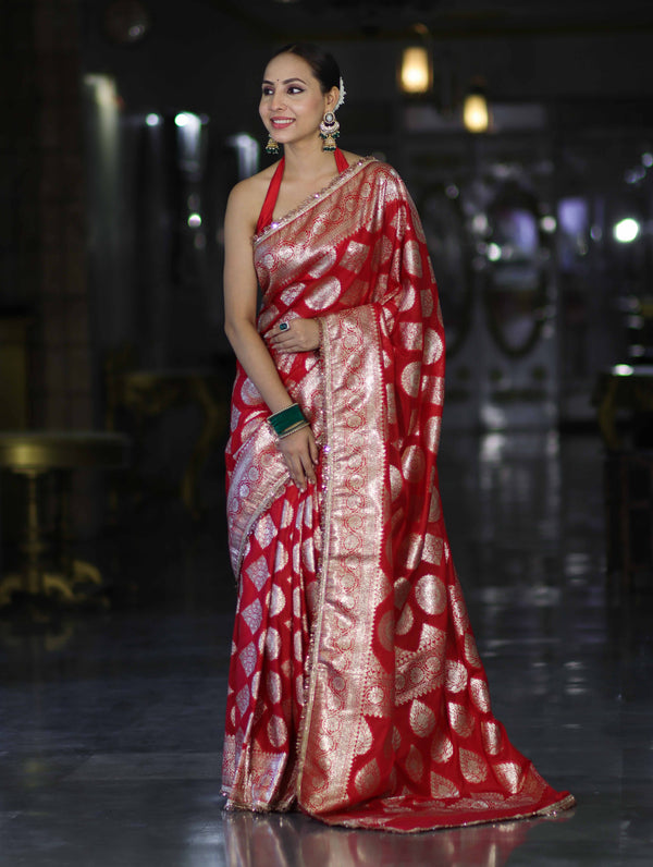 Banarasee Handloom Semi Silk Saree With Buta Design Zari Border & Lace-Red