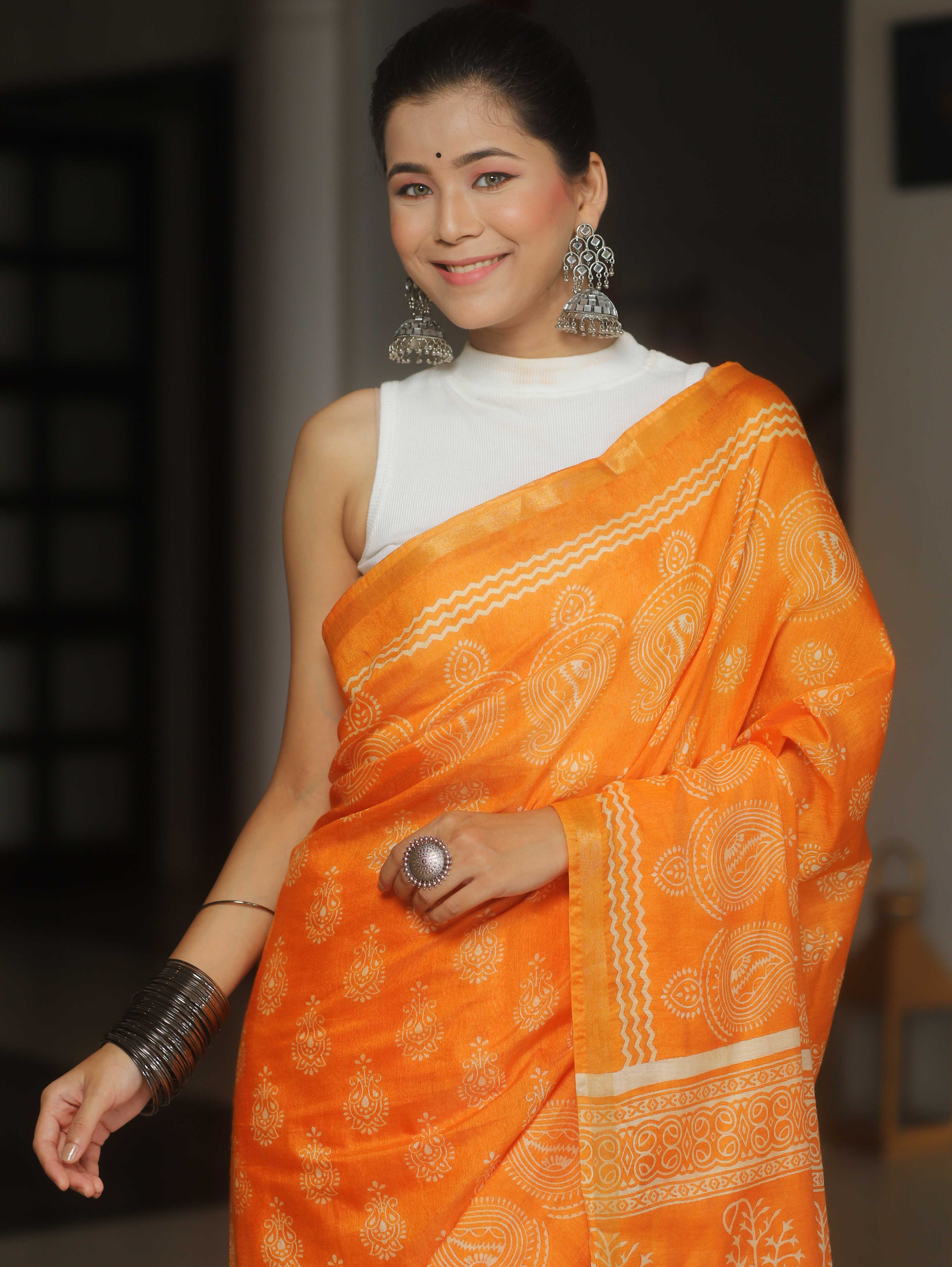 Banarasee Katan-Silk Block Print Saree With Gold Border-Orange
