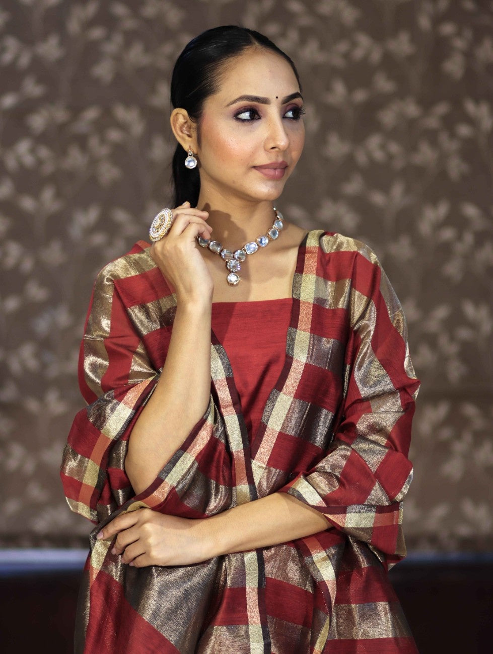 Banarasee Cotton Silk Stripe Pattern Salwar Kameez Fabric With Dupatta Set-Maroon
