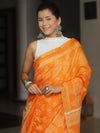 Banarasee Katan-Silk Block Print Saree With Gold Border-Orange