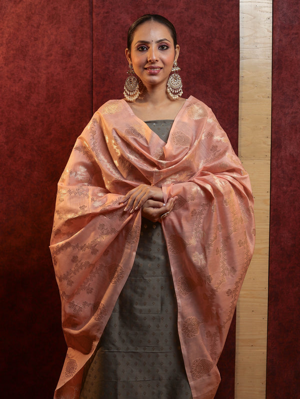 Banarasee Cotton Silk Zari Buti Salwar Kameez Fabric With Contrast Dupatta Set-Grey & Peach
