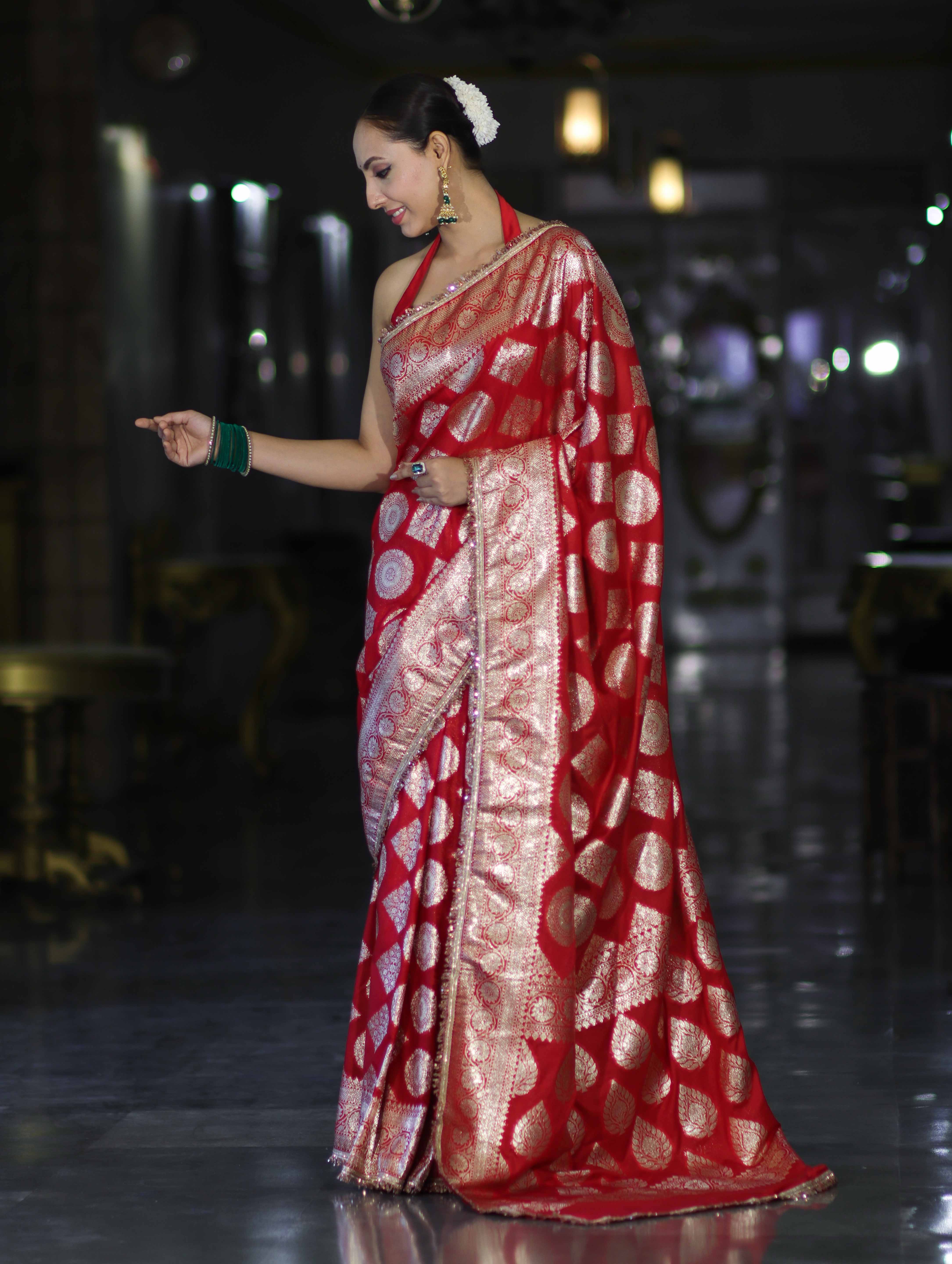 Banarasee Handloom Semi Silk Saree With Buta Design Zari Border & Lace-Red