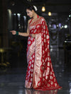Banarasee Handloom Semi Silk Saree With Buta Design Zari Border & Lace-Red