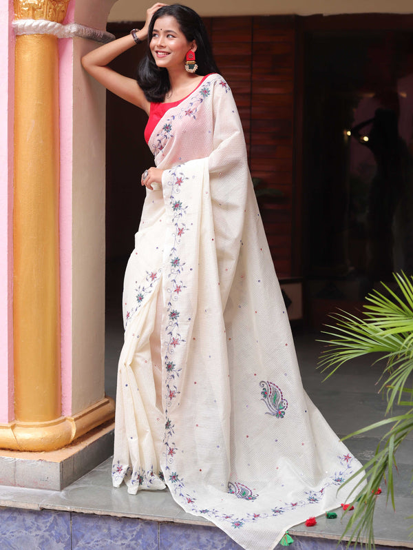 Banarasee Chanderi Cotton Hand-Embroidered Saree-White