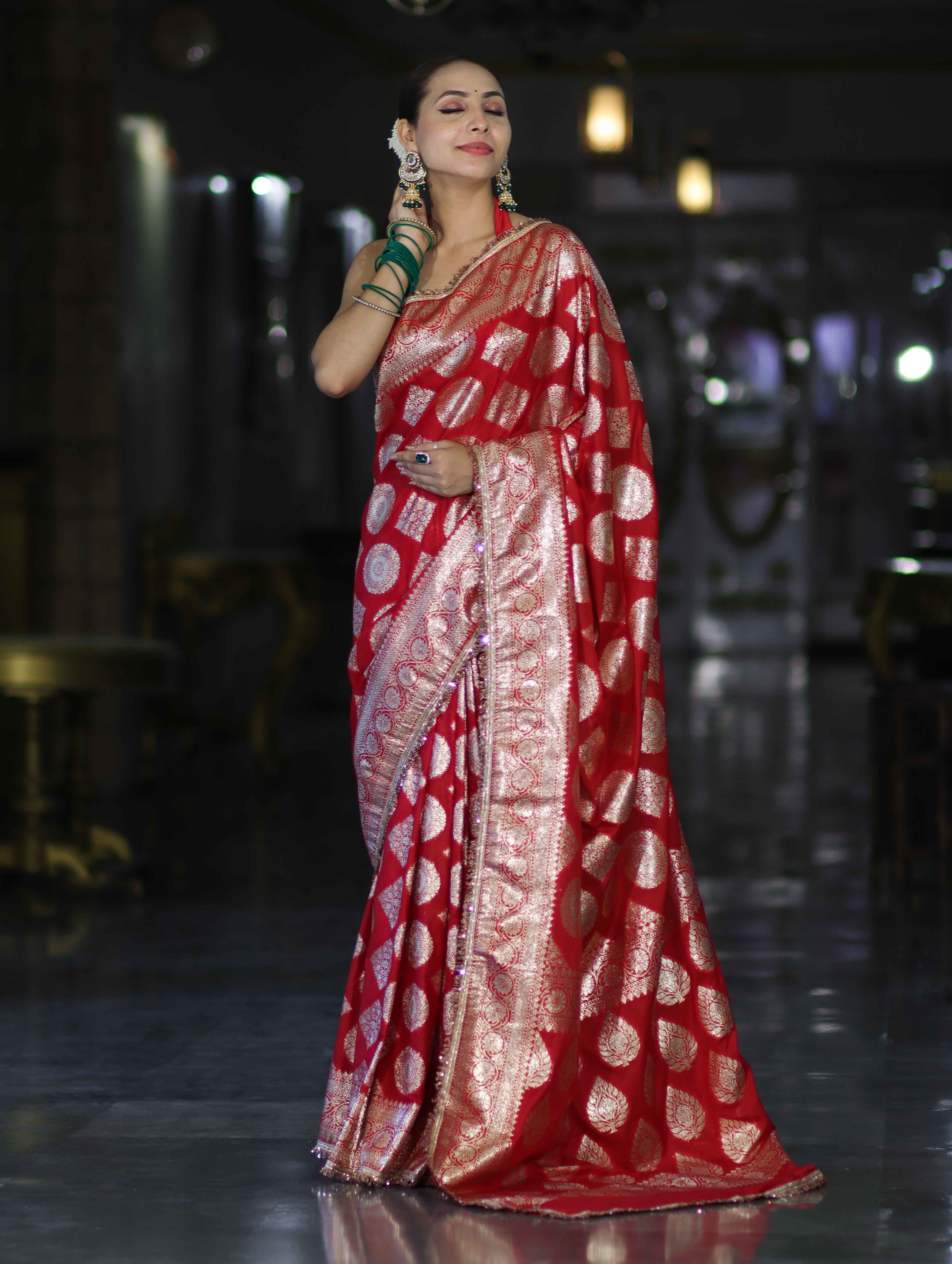 Banarasee Handloom Semi Silk Saree With Buta Design Zari Border & Lace-Red