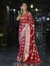Banarasee Handloom Semi Silk Saree With Buta Design Zari Border & Lace-Red
