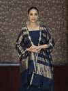 Banarasee Cotton Silk Stripe Pattern Salwar Kameez Fabric With Dupatta Set-Navy Blue