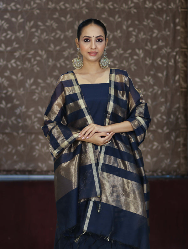 Banarasee Cotton Silk Stripe Pattern Salwar Kameez Fabric With Dupatta Set-Navy Blue