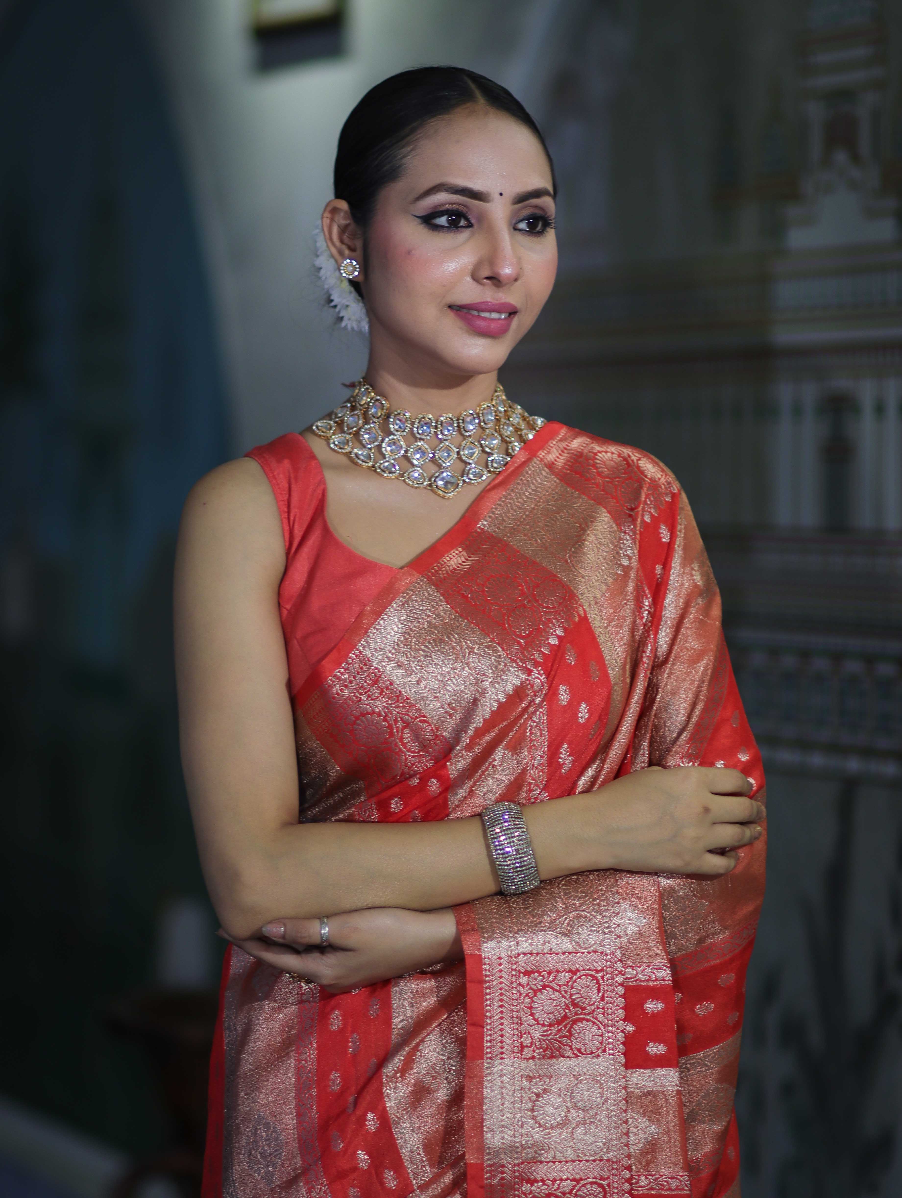 Banarasee Handloom Semi Silk Tissue Saree With Handwoven Zari Design & Border-Peach