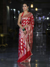 Banarasee Handloom Semi Silk Saree With Buta Design Zari Border & Lace-Red
