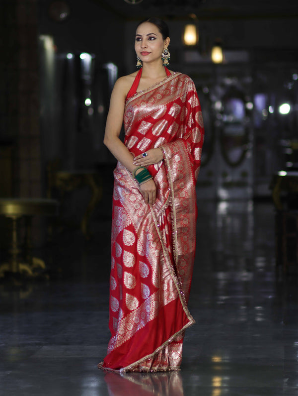 Banarasee Handloom Semi Silk Saree With Buta Design Zari Border & Lace-Red