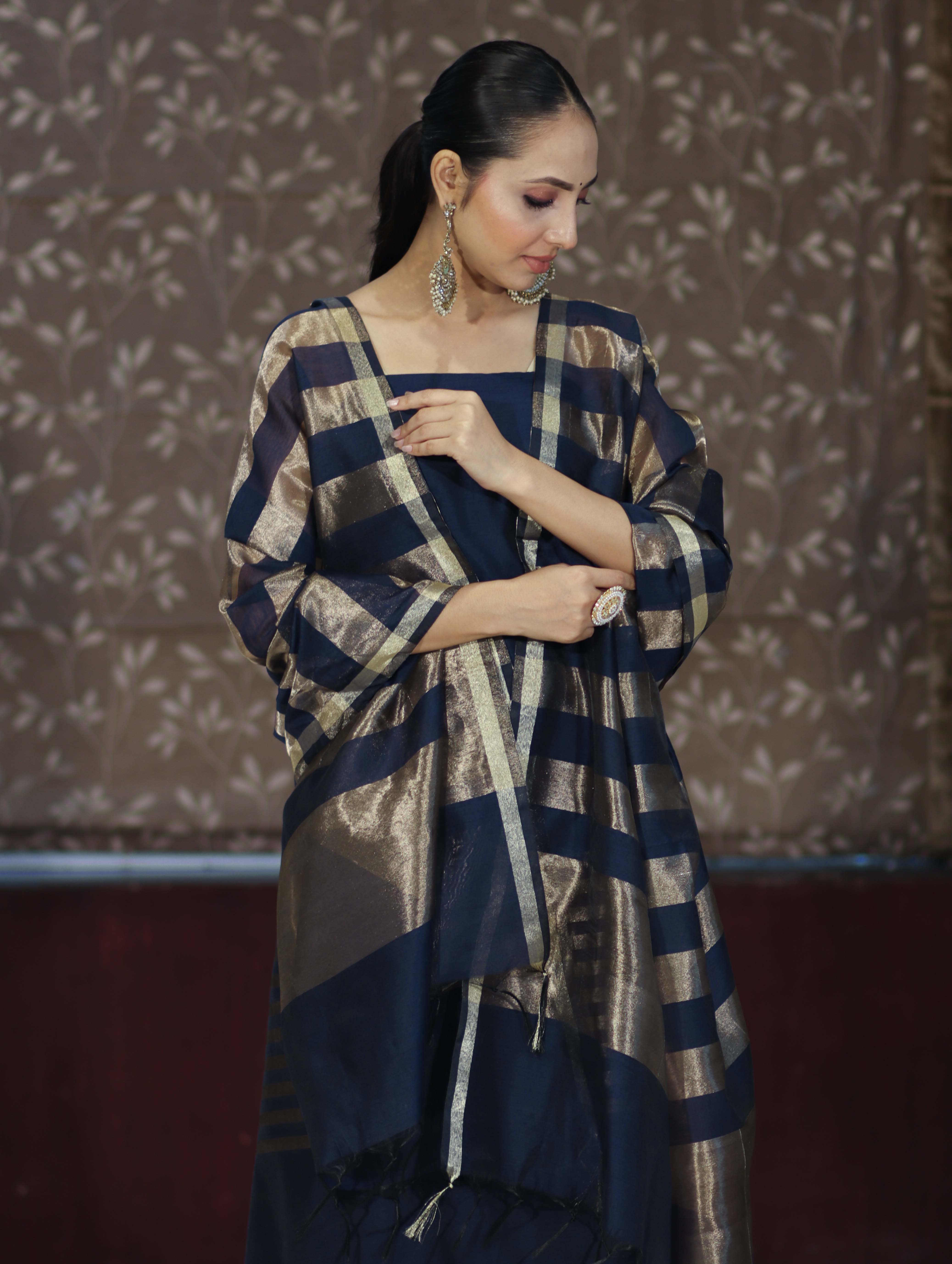 Banarasee Cotton Silk Stripe Pattern Salwar Kameez Fabric With Dupatta Set-Navy Blue