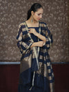 Banarasee Cotton Silk Stripe Pattern Salwar Kameez Fabric With Dupatta Set-Navy Blue