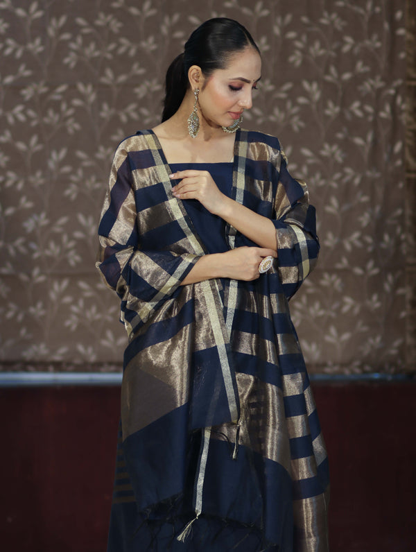 Banarasee Cotton Silk Stripe Pattern Salwar Kameez Fabric With Dupatta Set-Navy Blue