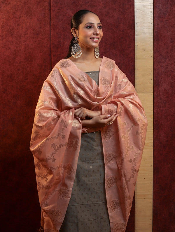 Banarasee Cotton Silk Zari Buti Salwar Kameez Fabric With Contrast Dupatta Set-Grey & Peach