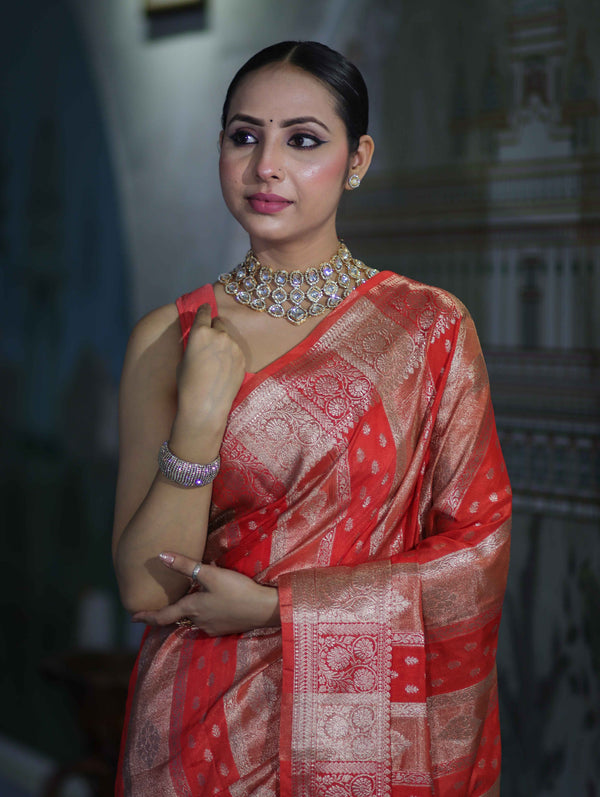 Banarasee Handloom Semi Silk Tissue Saree With Handwoven Zari Design & Border-Peach