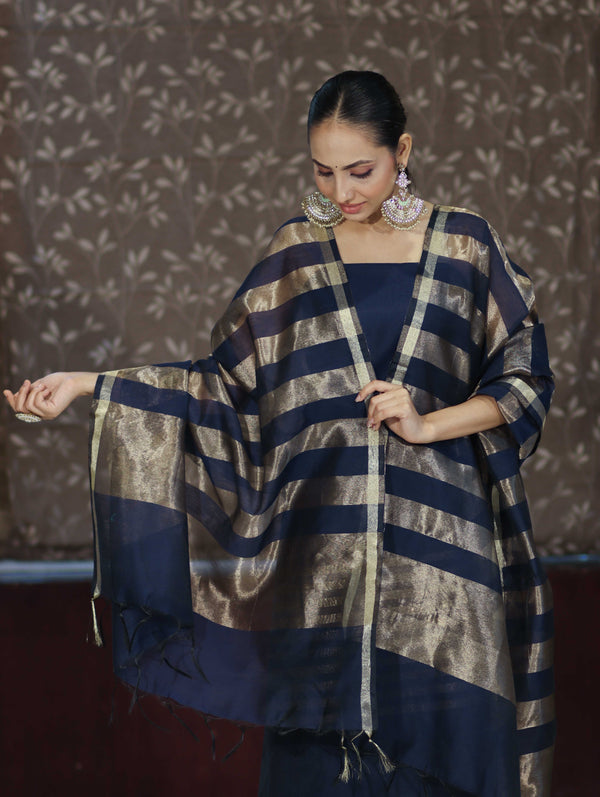 Banarasee Cotton Silk Stripe Pattern Salwar Kameez Fabric With Dupatta Set-Navy Blue