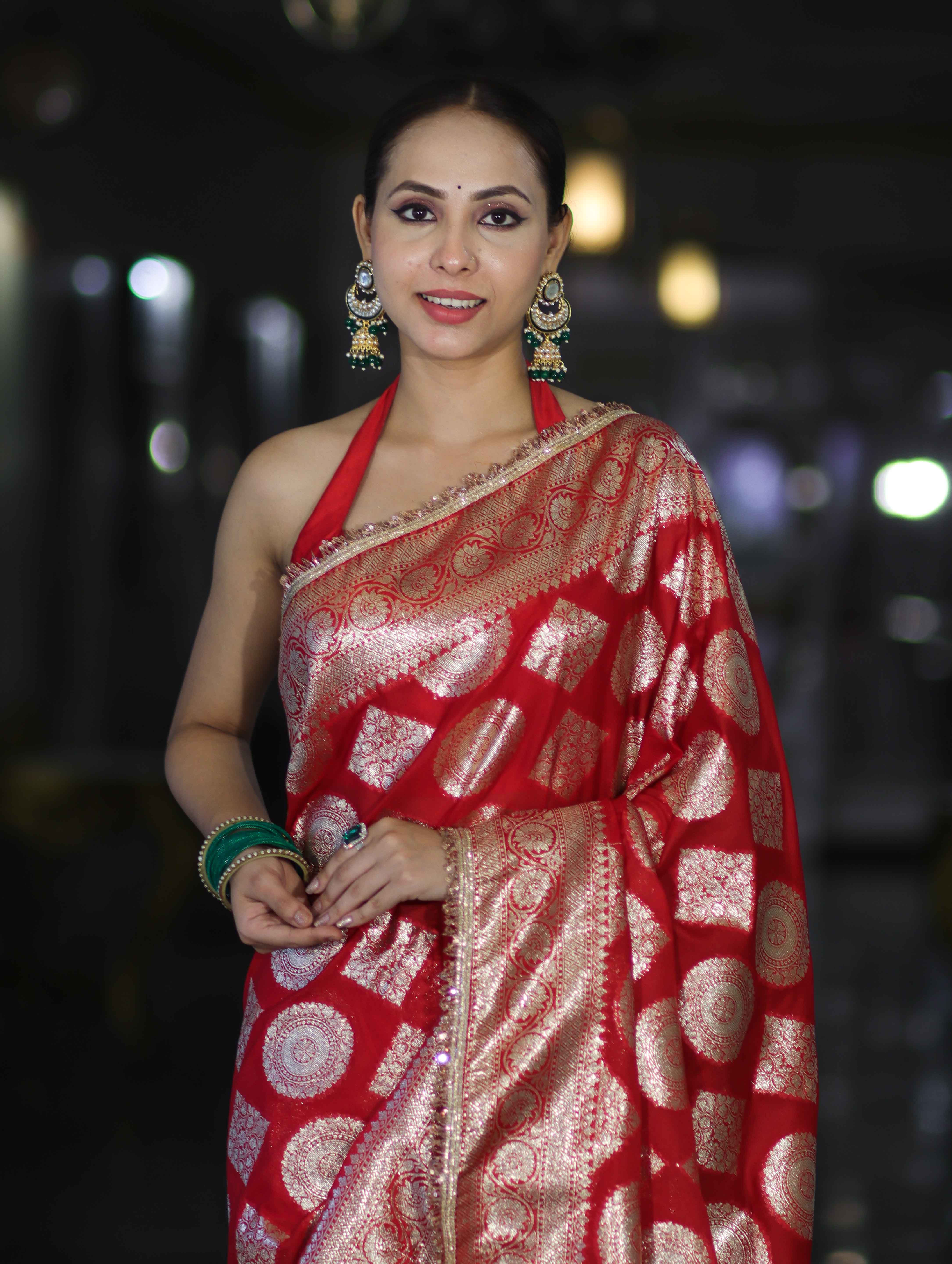Banarasee Handloom Semi Silk Saree With Buta Design Zari Border & Lace-Red
