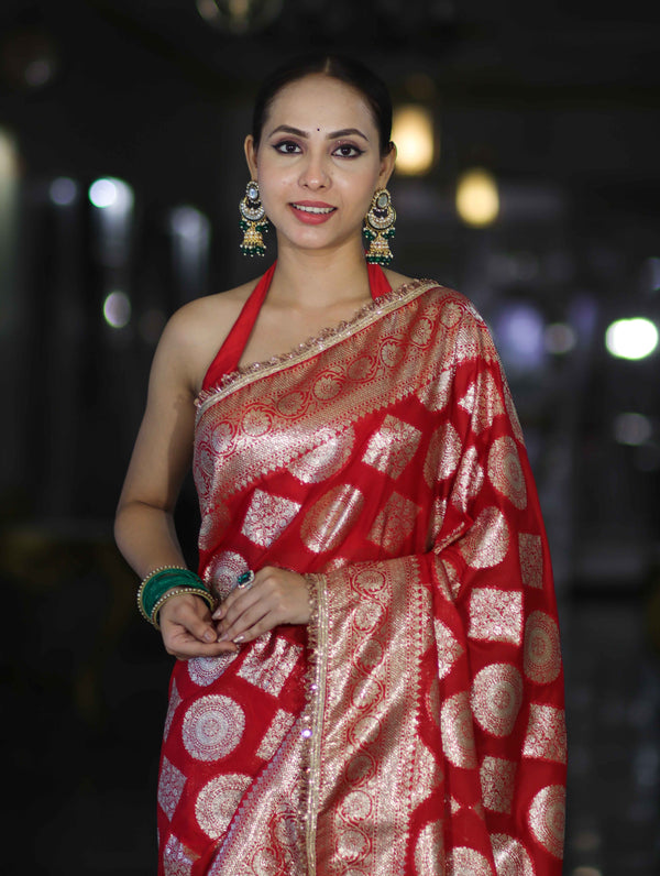 Banarasee Handloom Semi Silk Saree With Buta Design Zari Border & Lace-Red