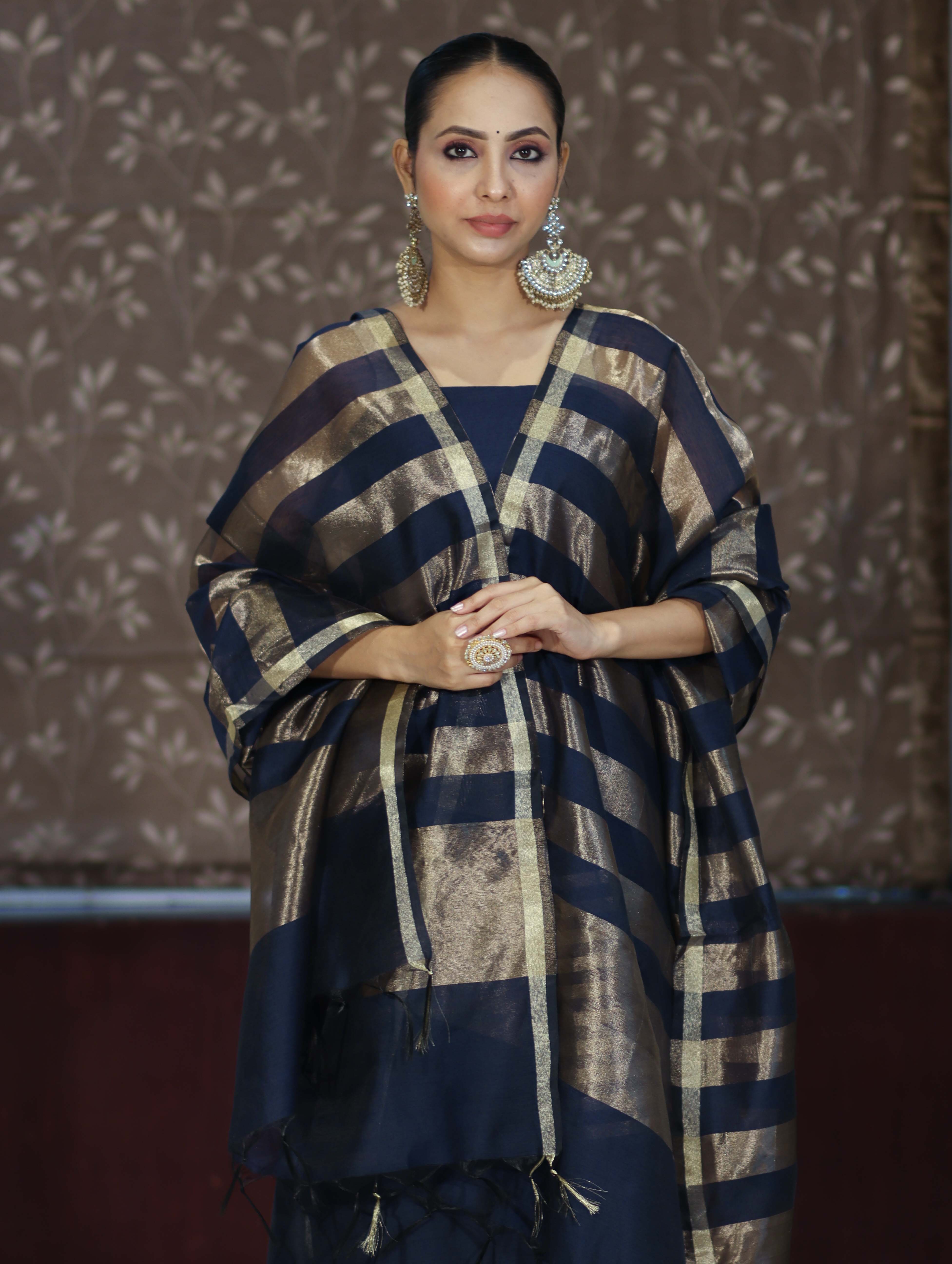 Banarasee Cotton Silk Stripe Pattern Salwar Kameez Fabric With Dupatta Set-Navy Blue