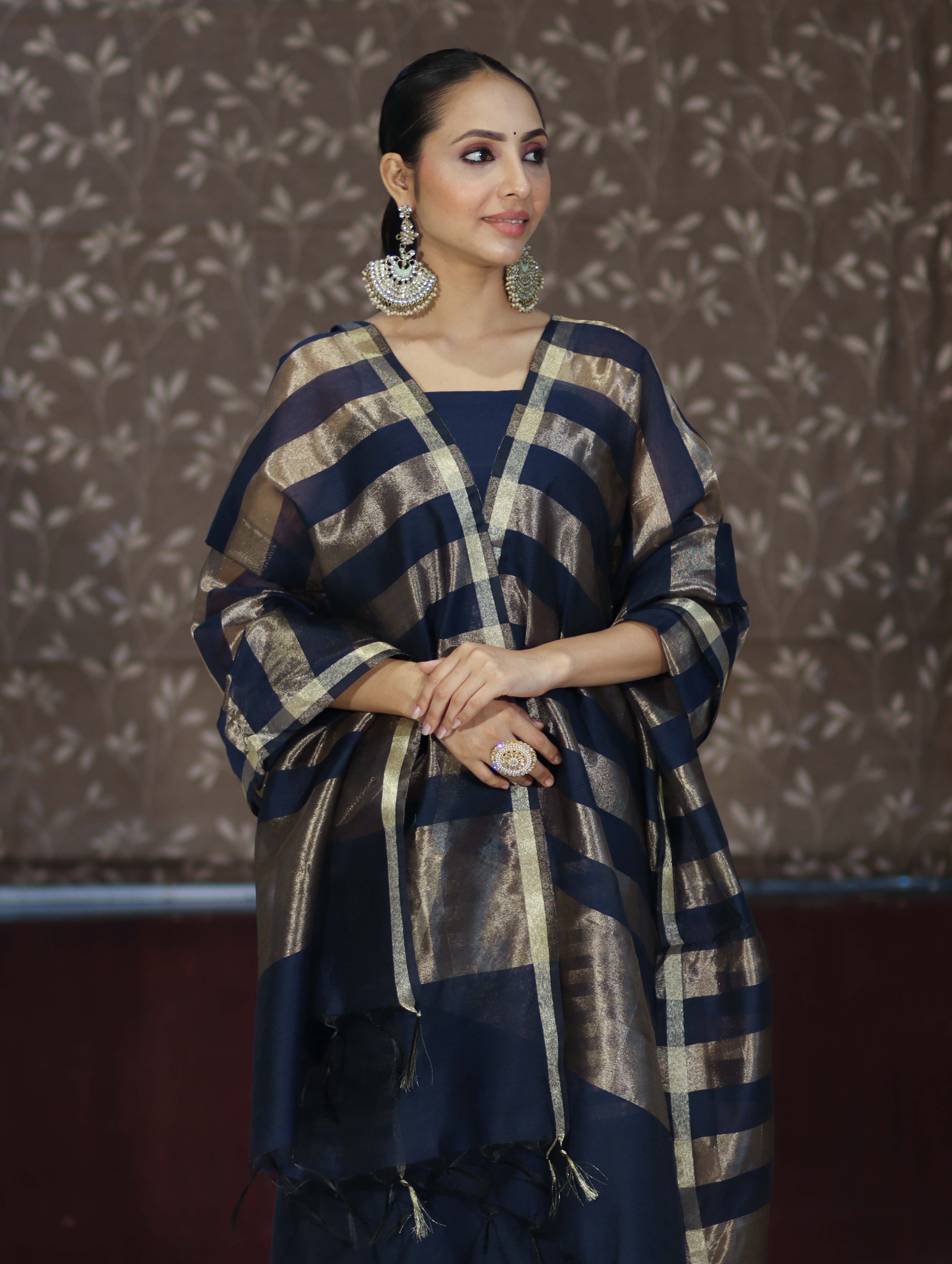 Banarasee Cotton Silk Stripe Pattern Salwar Kameez Fabric With Dupatta Set-Navy Blue