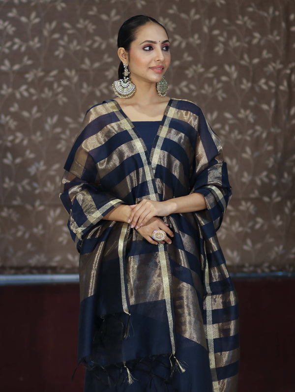 Banarasee Cotton Silk Stripe Pattern Salwar Kameez Fabric With Dupatta Set-Navy Blue