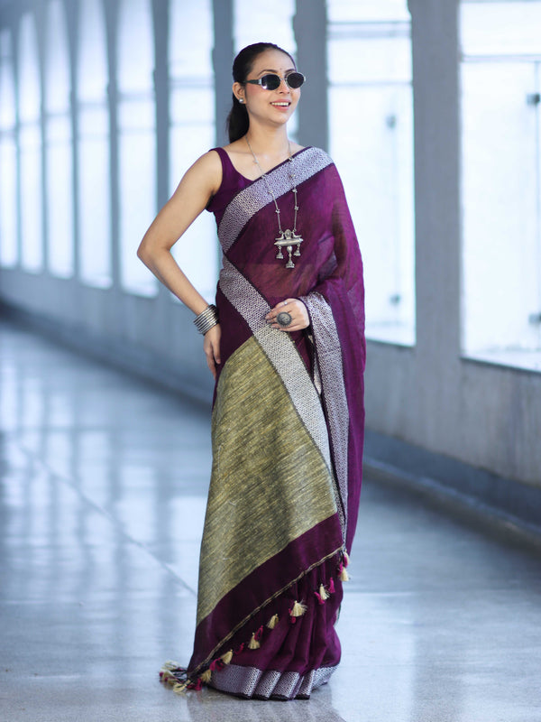 Bhagalpur Handloom Pure Linen Cotton Saree With Resham Embroidered Border-Purple