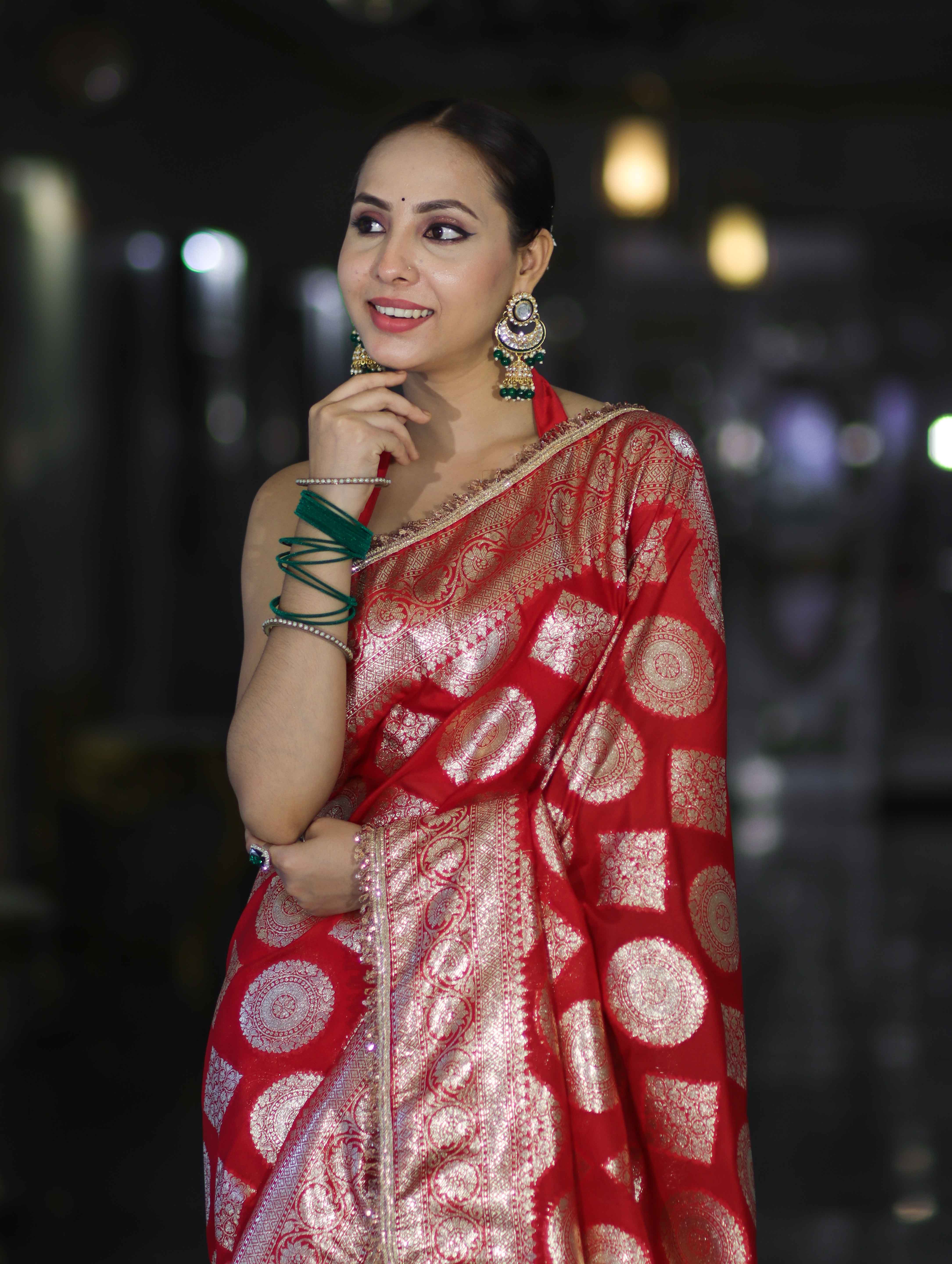 Banarasee Handloom Semi Silk Saree With Buta Design Zari Border & Lace-Red
