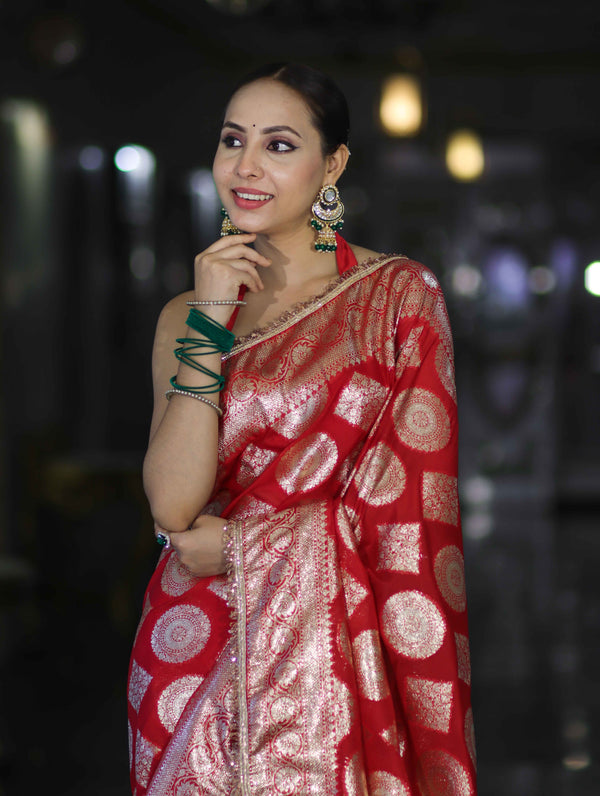 Banarasee Handloom Semi Silk Saree With Buta Design Zari Border & Lace-Red