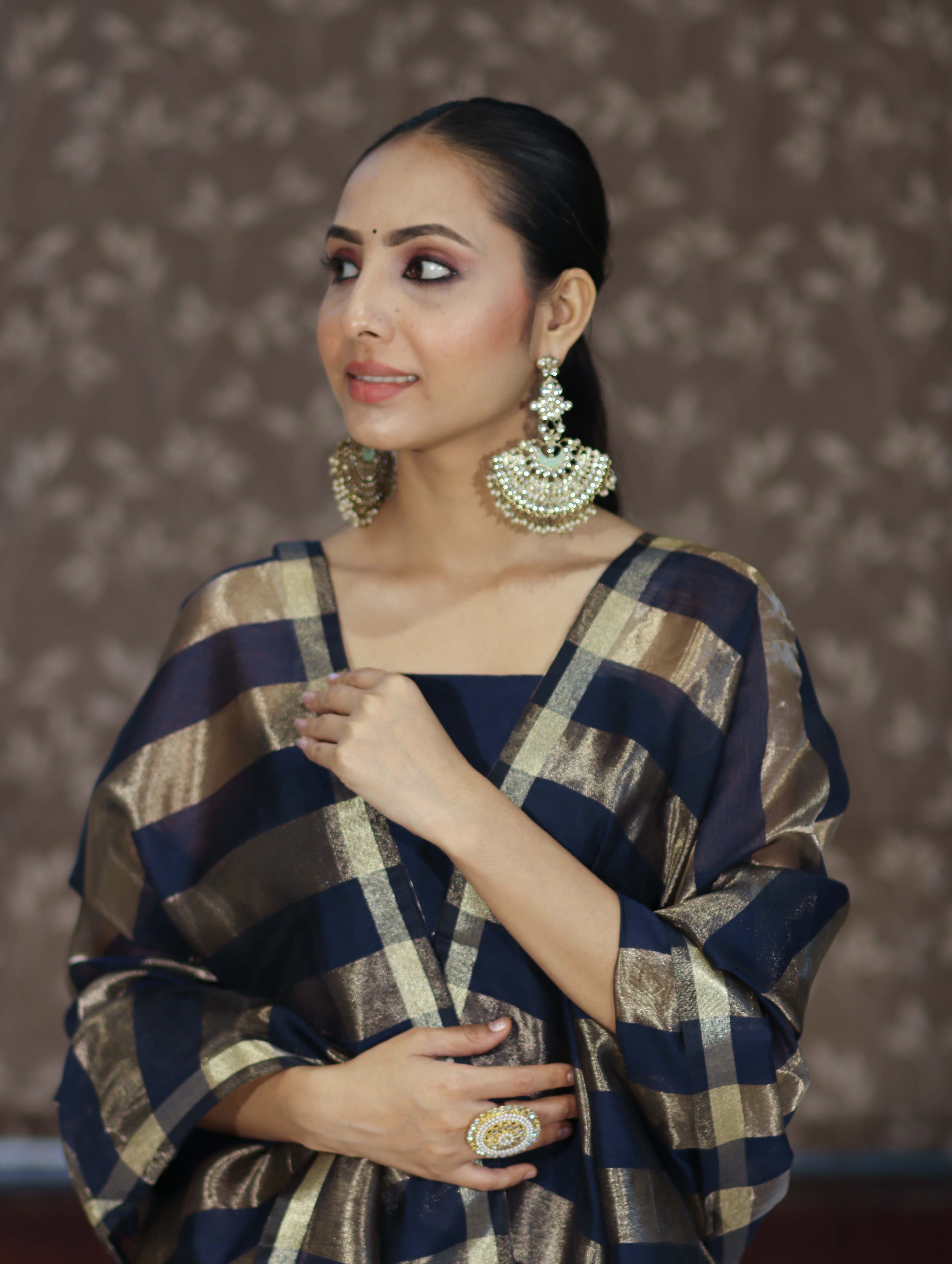 Banarasee Cotton Silk Stripe Pattern Salwar Kameez Fabric With Dupatta Set-Navy Blue