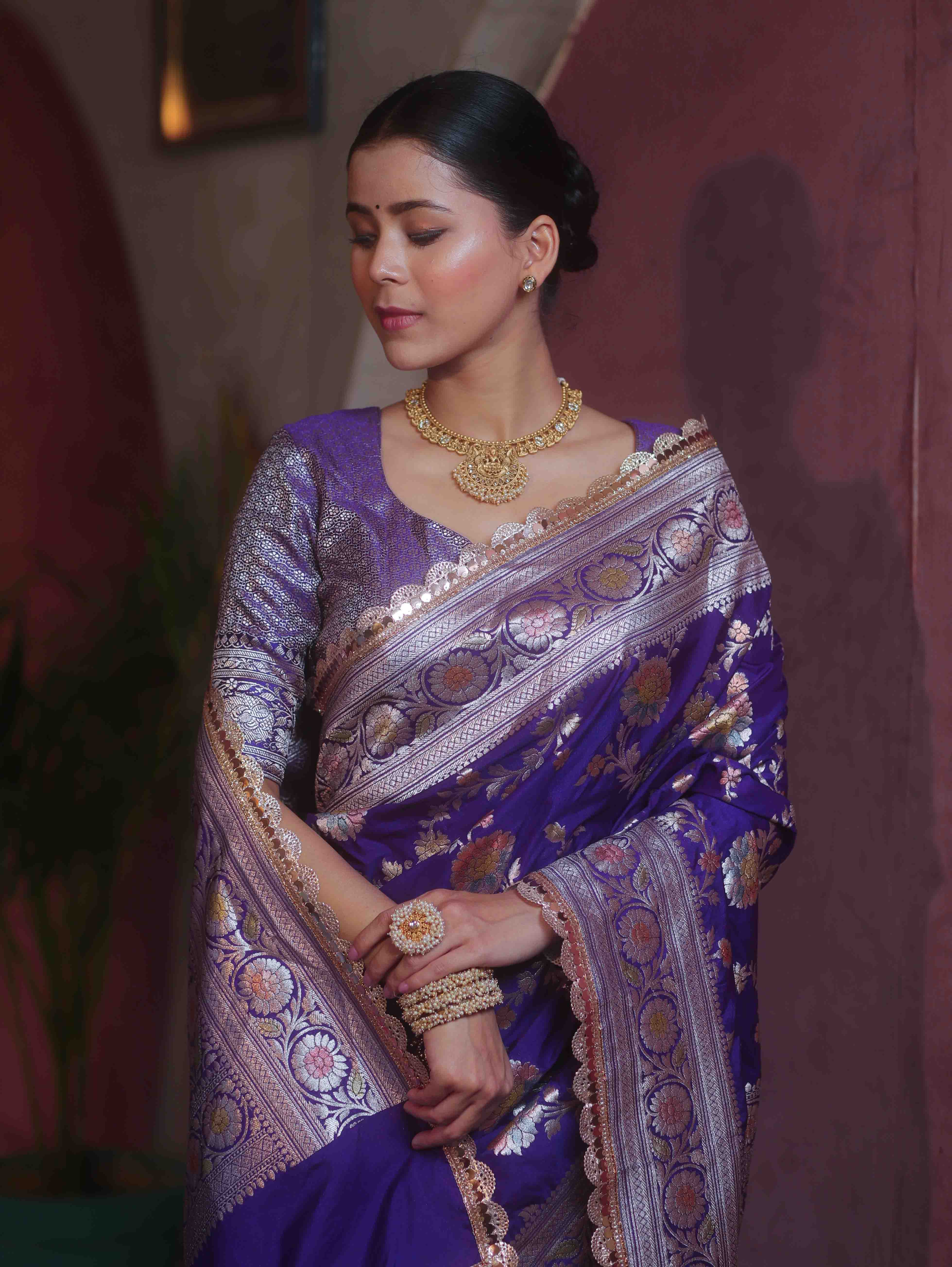 Banarasee Handwoven Semi Katan Saree With Hand Paint Zari Jaal Design & Lace-Violet