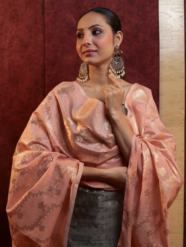 Banarasee Cotton Silk Zari Buti Salwar Kameez Fabric With Contrast Dupatta Set-Grey & Peach
