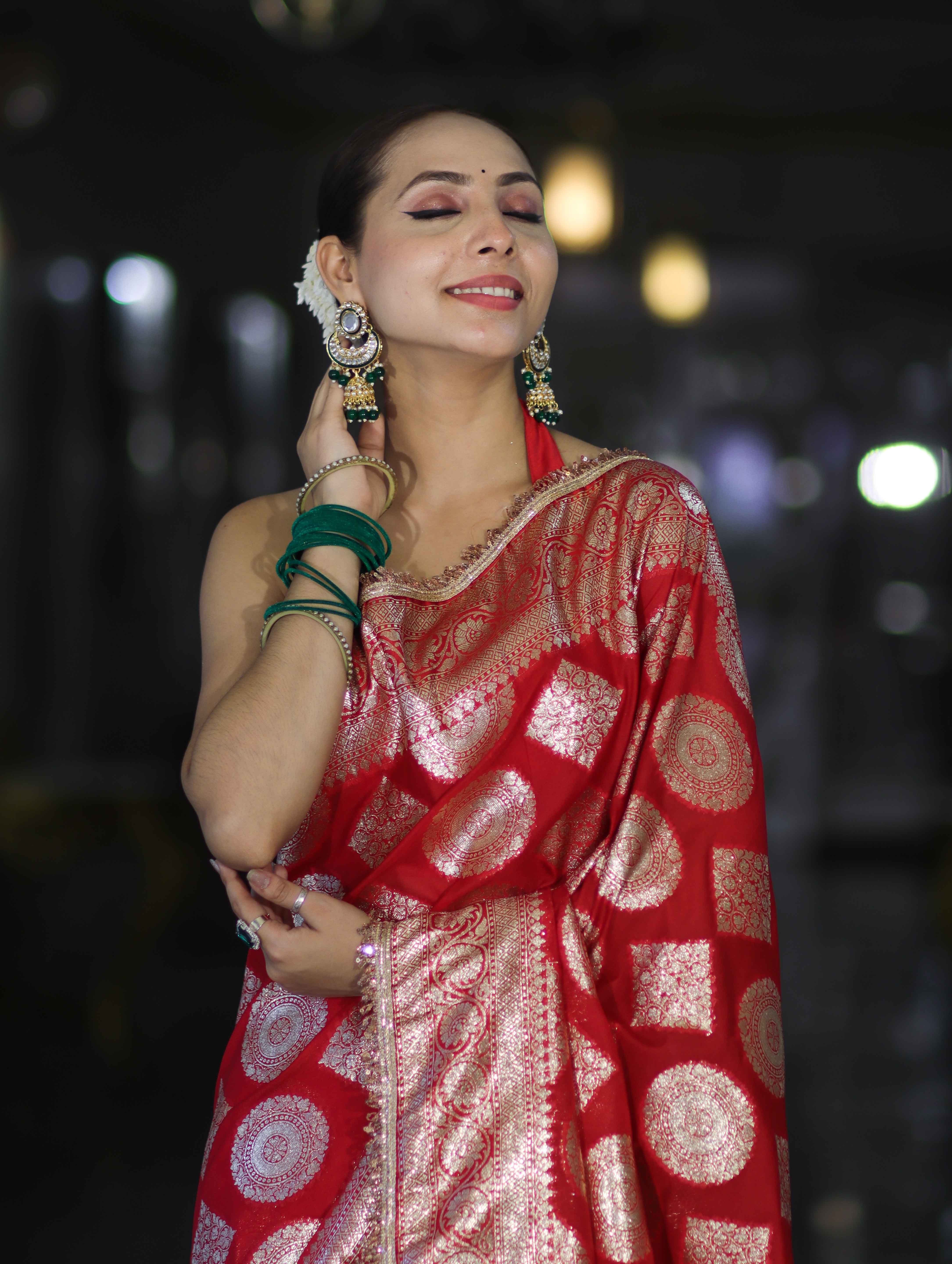 Banarasee Handloom Semi Silk Saree With Buta Design Zari Border & Lace-Red