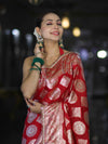 Banarasee Handloom Semi Silk Saree With Buta Design Zari Border & Lace-Red