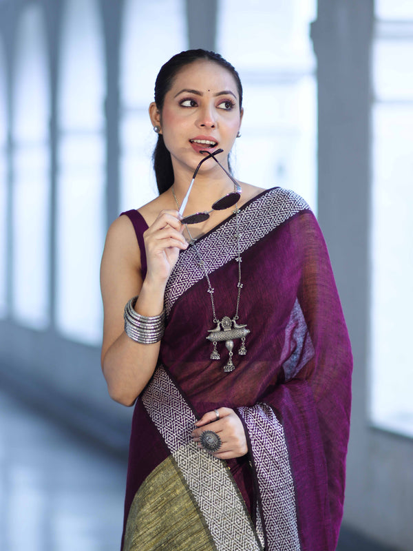Bhagalpur Handloom Pure Linen Cotton Saree With Resham Embroidered Border-Purple