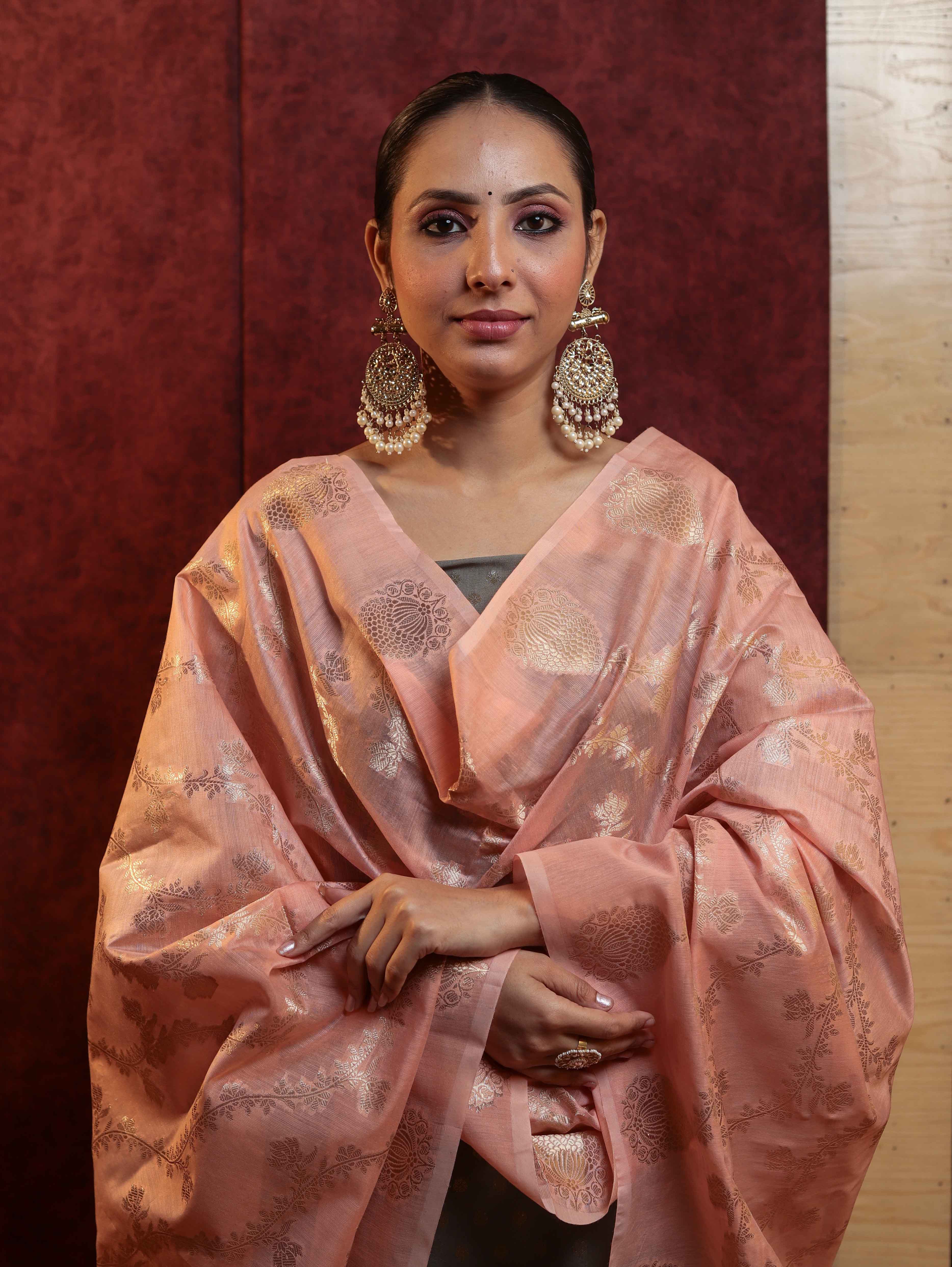 Banarasee Cotton Silk Zari Buti Salwar Kameez Fabric With Contrast Dupatta Set-Grey & Peach