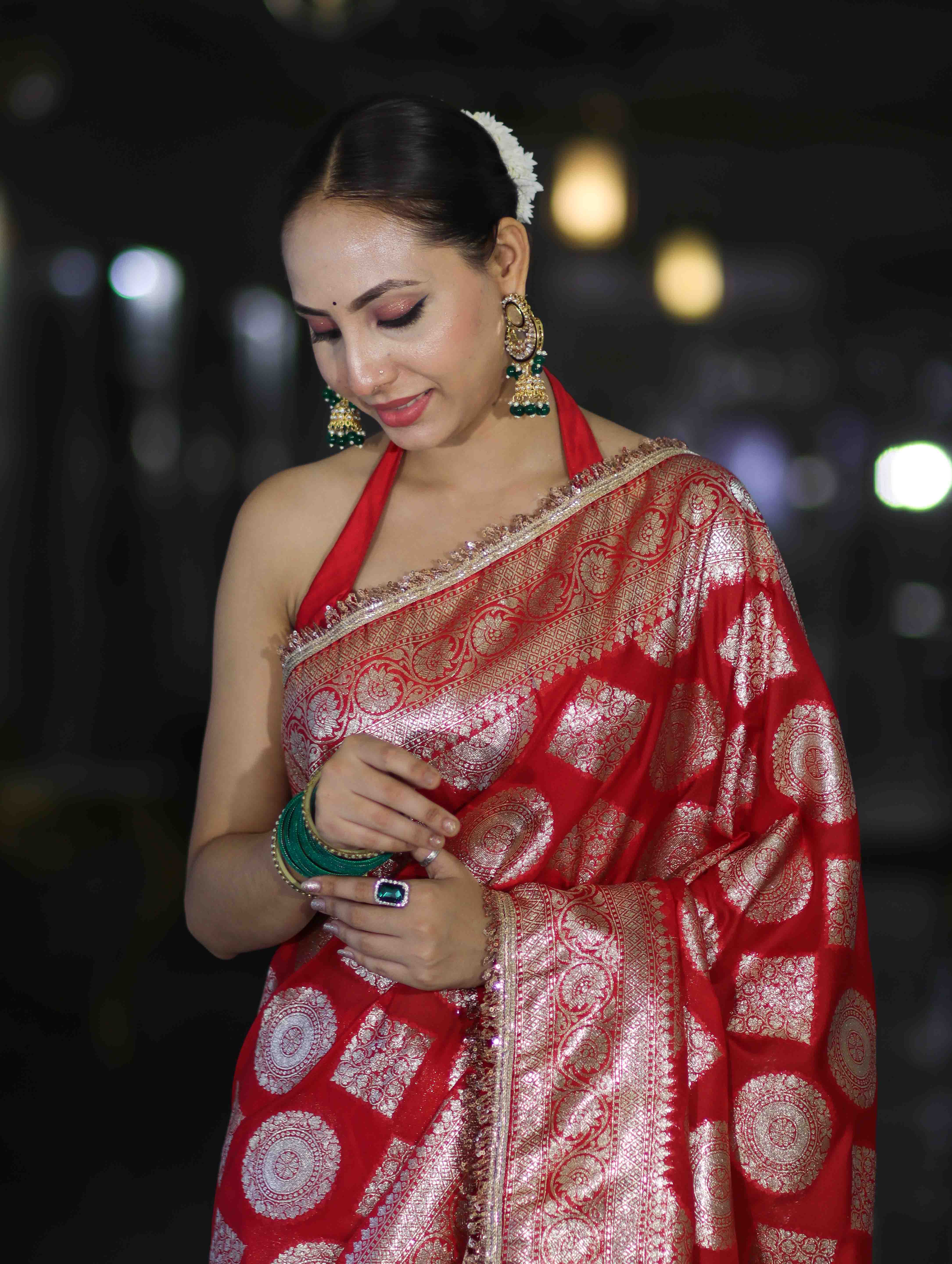 Banarasee Handloom Semi Silk Saree With Buta Design Zari Border & Lace-Red