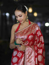 Banarasee Handloom Semi Silk Saree With Buta Design Zari Border & Lace-Red