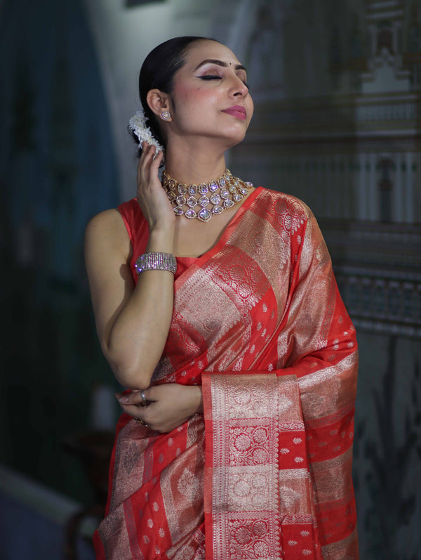 Banarasee Handloom Semi Silk Tissue Saree With Handwoven Zari Design & Border-Peach