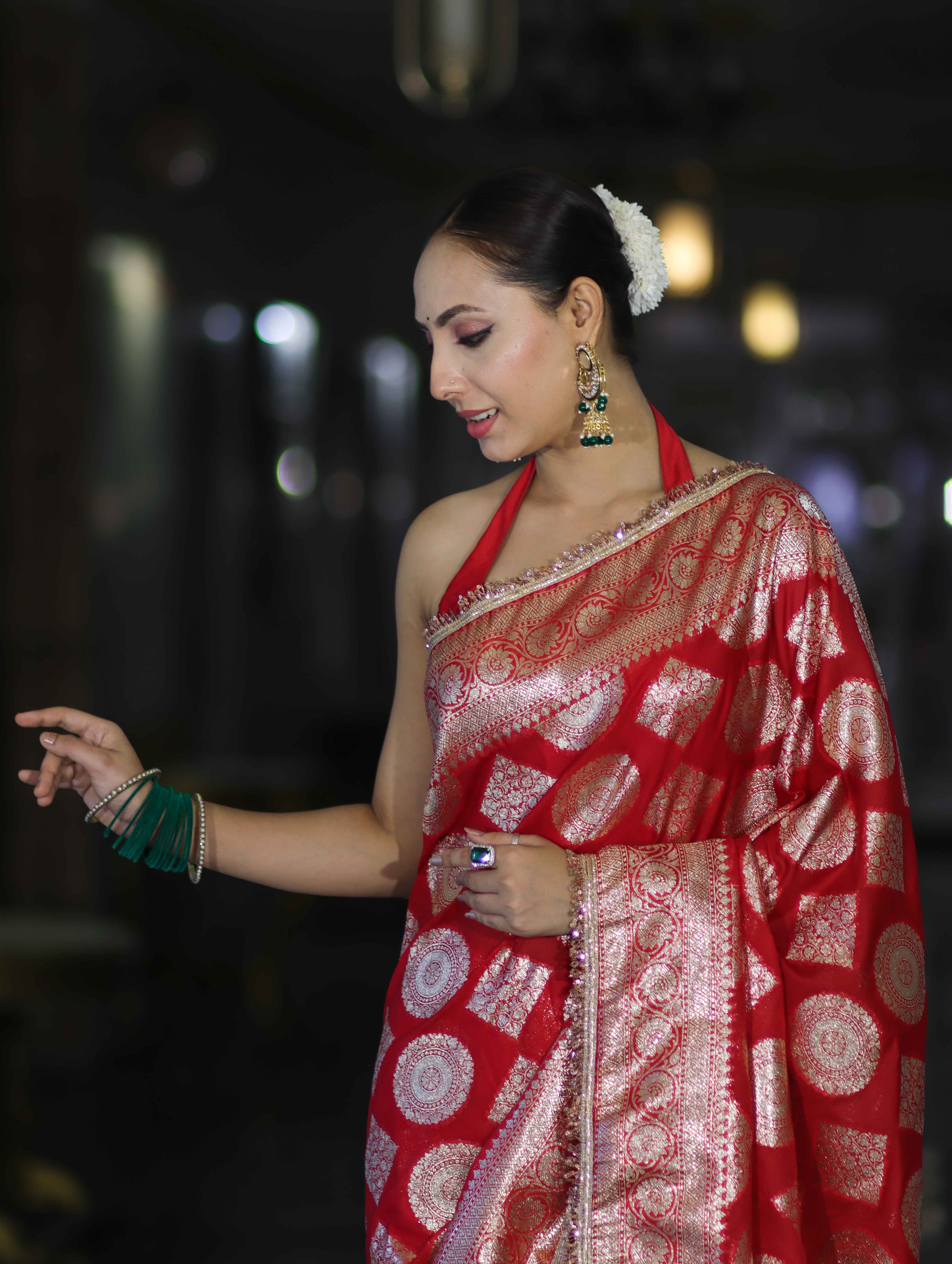 Banarasee Handloom Semi Silk Saree With Buta Design Zari Border & Lace-Red