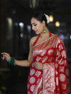 Banarasee Handloom Semi Silk Saree With Buta Design Zari Border & Lace-Red