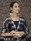 Banarasee Cotton Silk Stripe Pattern Salwar Kameez Fabric With Dupatta Set-Navy Blue