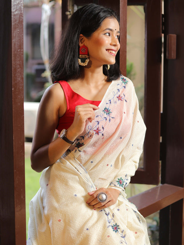 Banarasee Chanderi Cotton Hand-Embroidered Saree-White