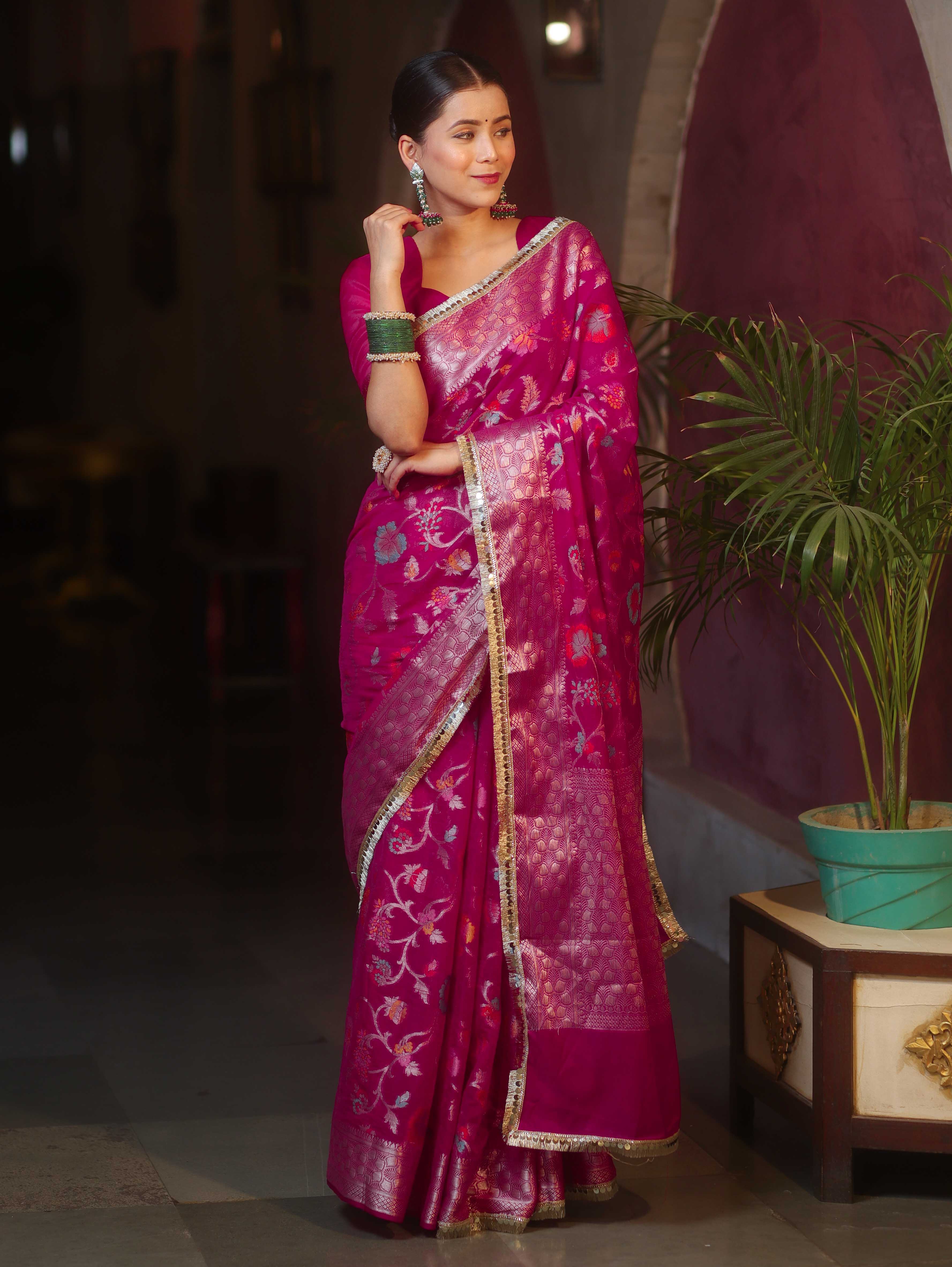 Banarasee Semi-Georgette Saree Meena Jaal Design With Zari Border Design-Pink