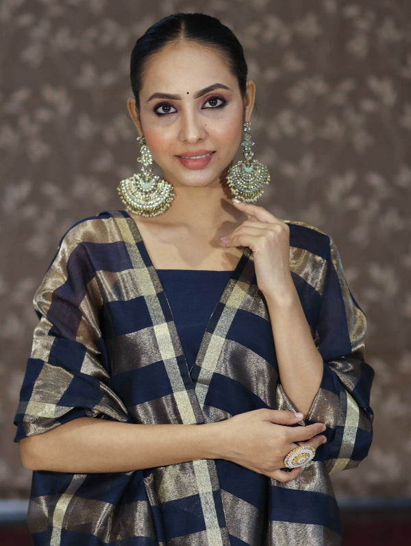 Banarasee Cotton Silk Stripe Pattern Salwar Kameez Fabric With Dupatta Set-Navy Blue