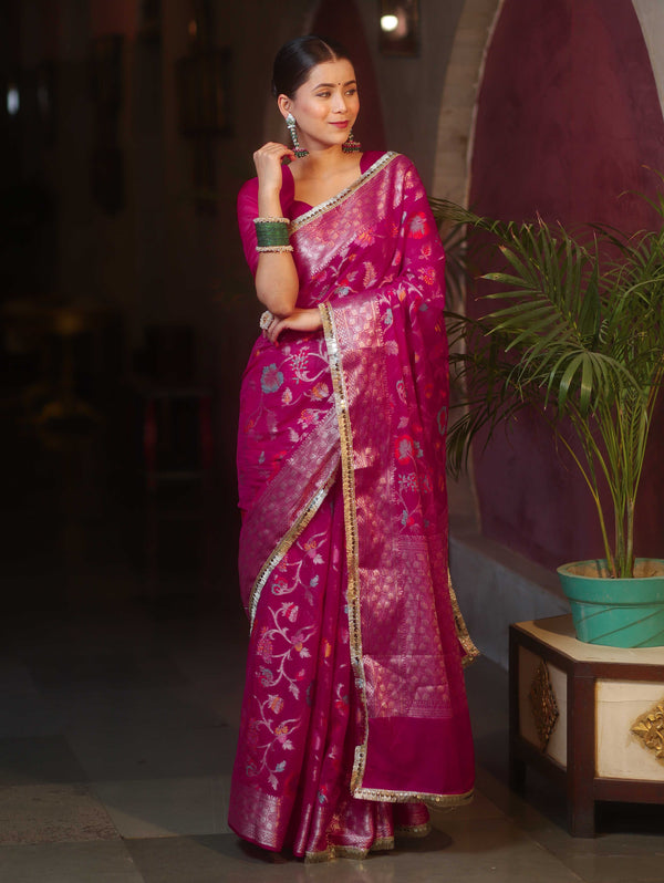 Banarasee Semi-Georgette Saree Meena Jaal Design With Zari Border Design-Pink
